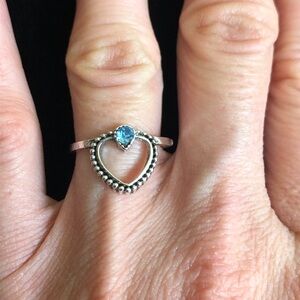 Silver Tone Heart Ring with Blue Faux Gemstone